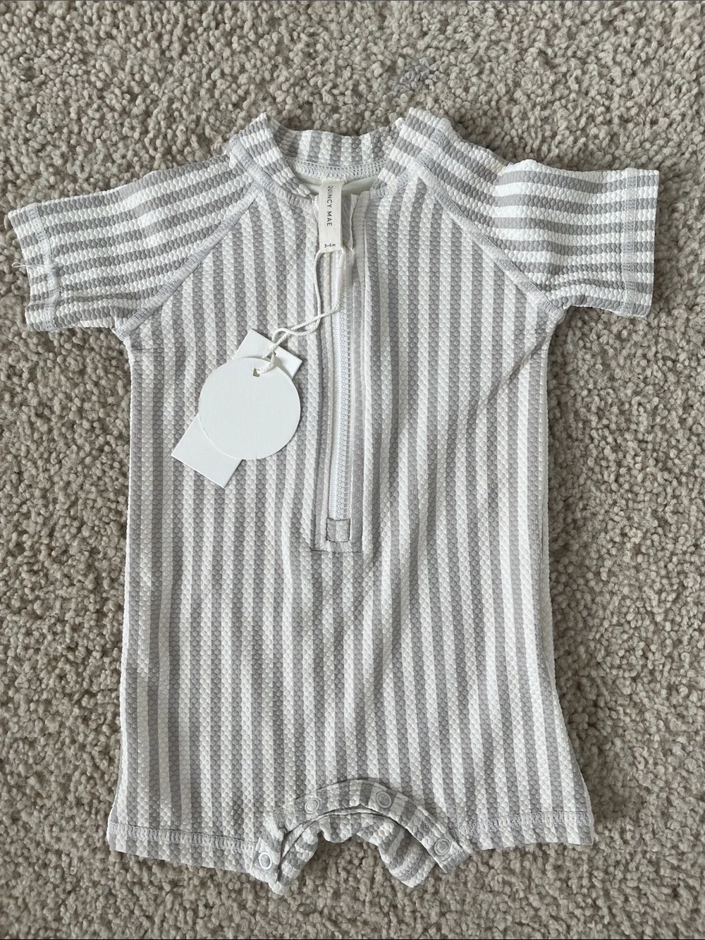 Quincy Mae Striped Knit Baby Swimsuit in Gray & White, 3-6 months - Picture 1 of 4